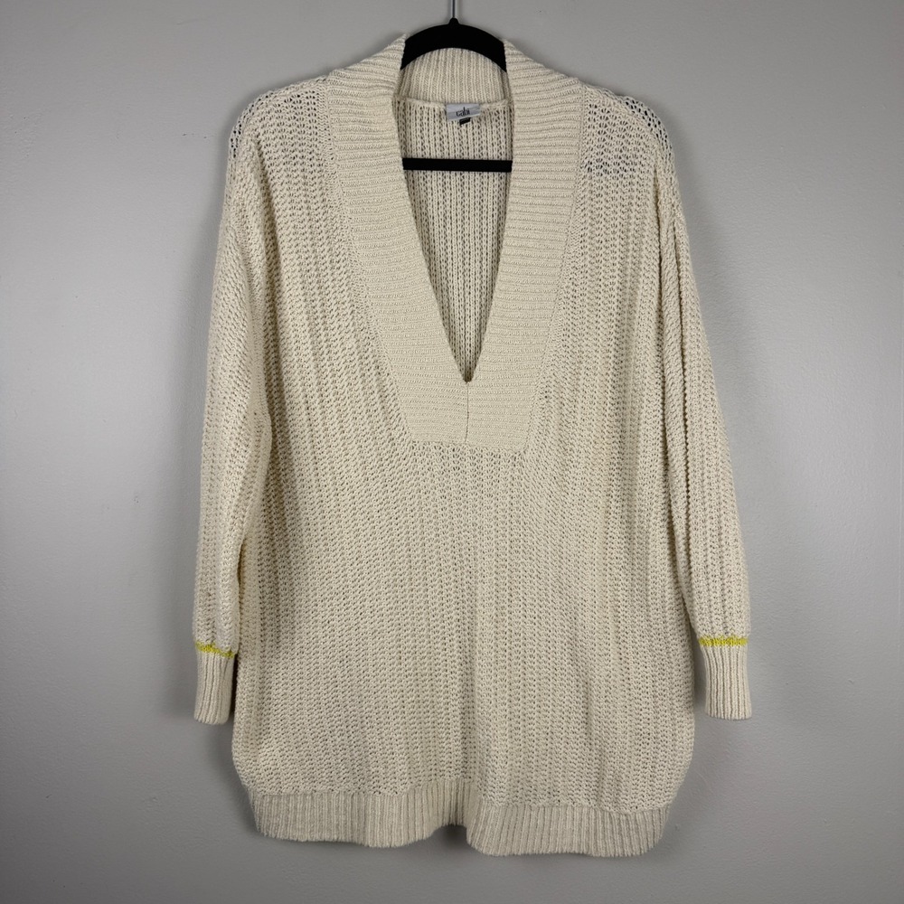 Cabi Croquet Sweater Women's Medium Cream Open Knit Long Sleeve V-Neck Pullover